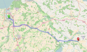 Von Openstreetmap vorgeschlagene Route zwischen Siedenbrünzow und Rostock. Distanz: 81 km